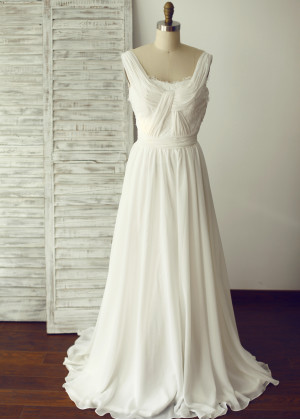 Deep V Back Ivory Lace Chiffon Wedding Dress